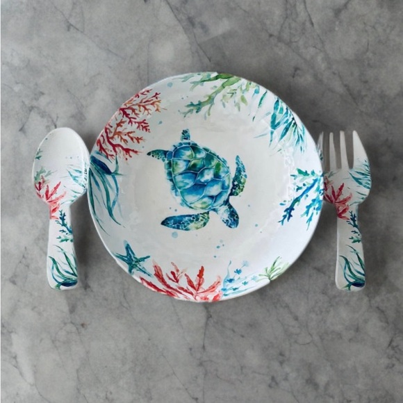 Source Unknown Other - Blue & Green Sea Turtle Melamine serving bowl with Spoon and Fork New